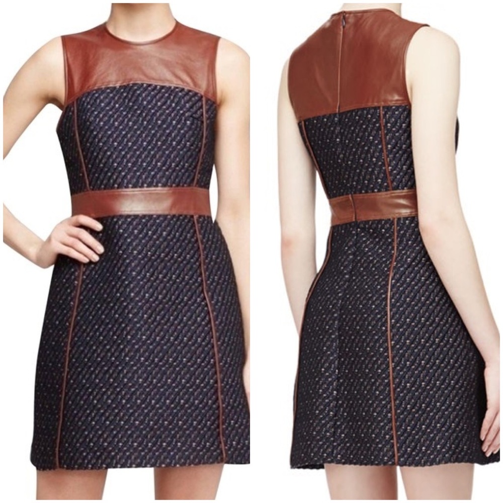 THEORY Calvino W. Heighten Mixed-Media Dress in Tweed and Leather